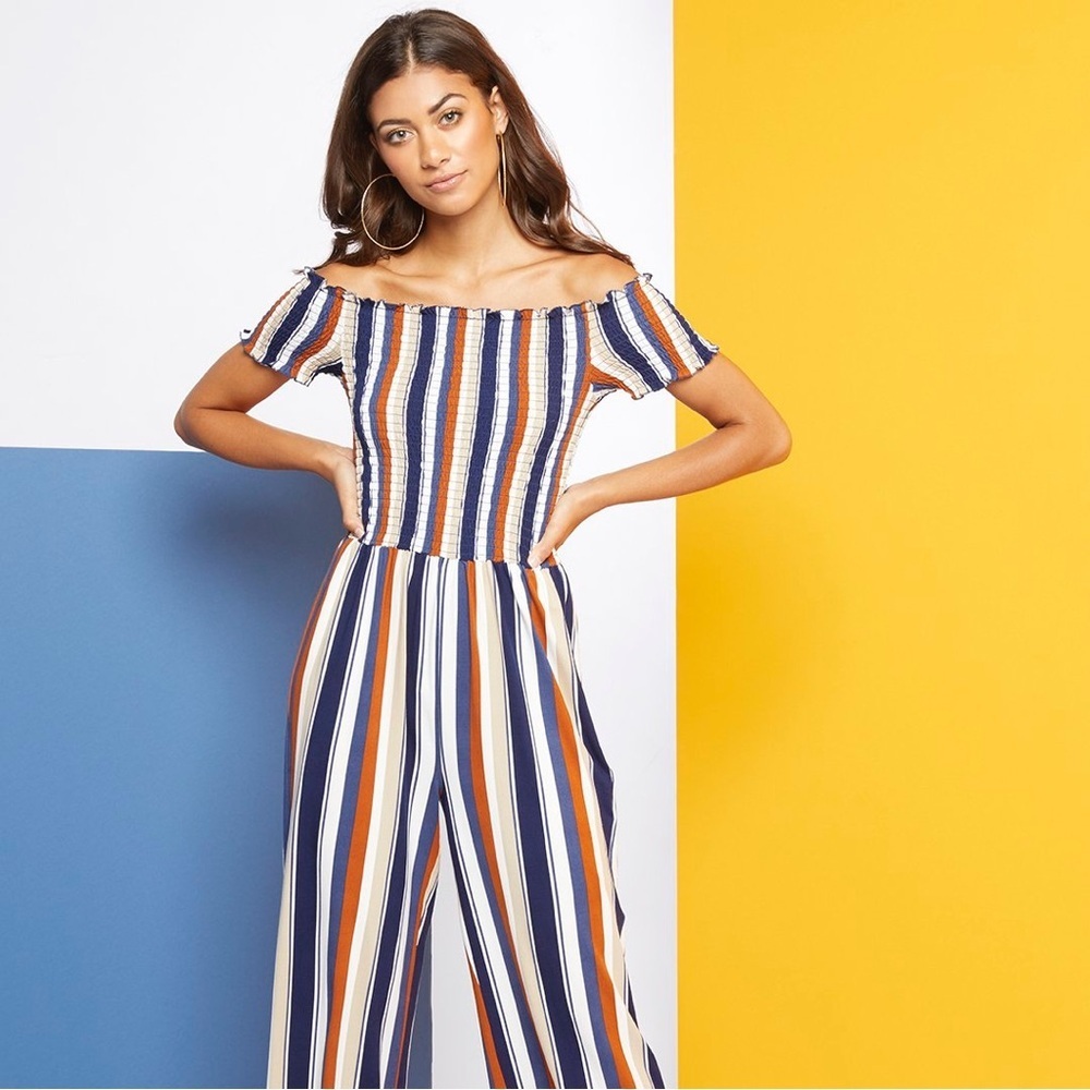Rue 21 Off-the-Shoulder Striped Jumpsuit - Brown & Blue & Tan & Orange, Size 3X